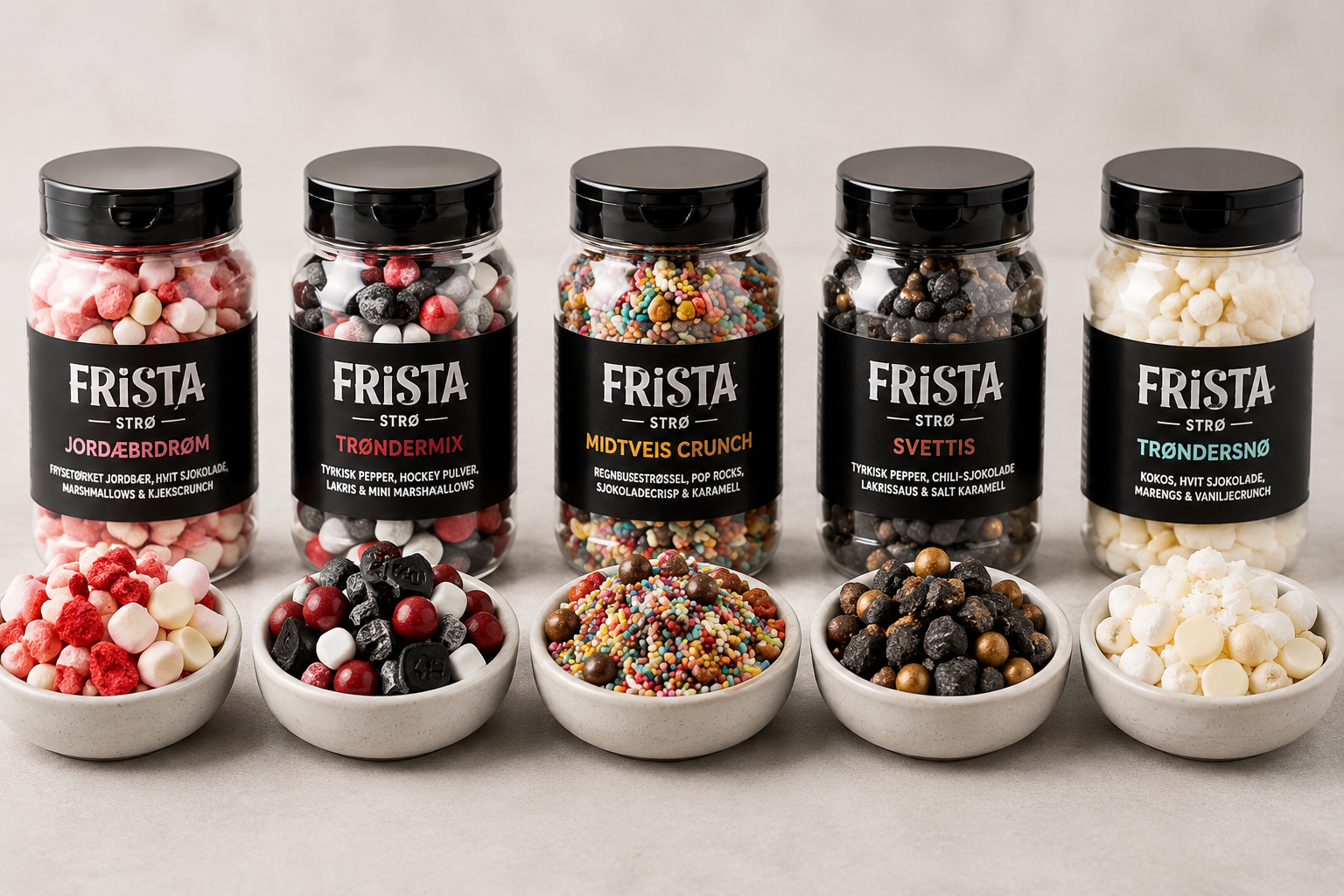 Frista Strø — Jordæbrdrøm, Trøndermix, Midtveis Crunch, Svettis og Trøndersnø