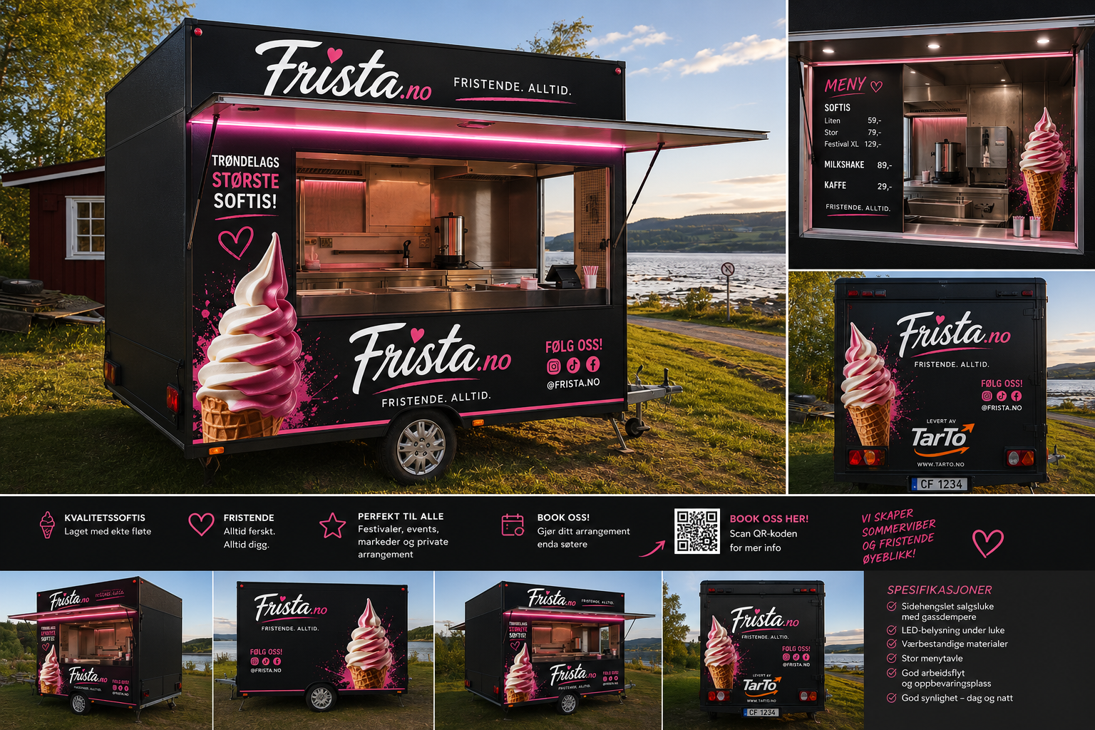 Frista vogncollage med branding, meny og ulike vinkler av vogna