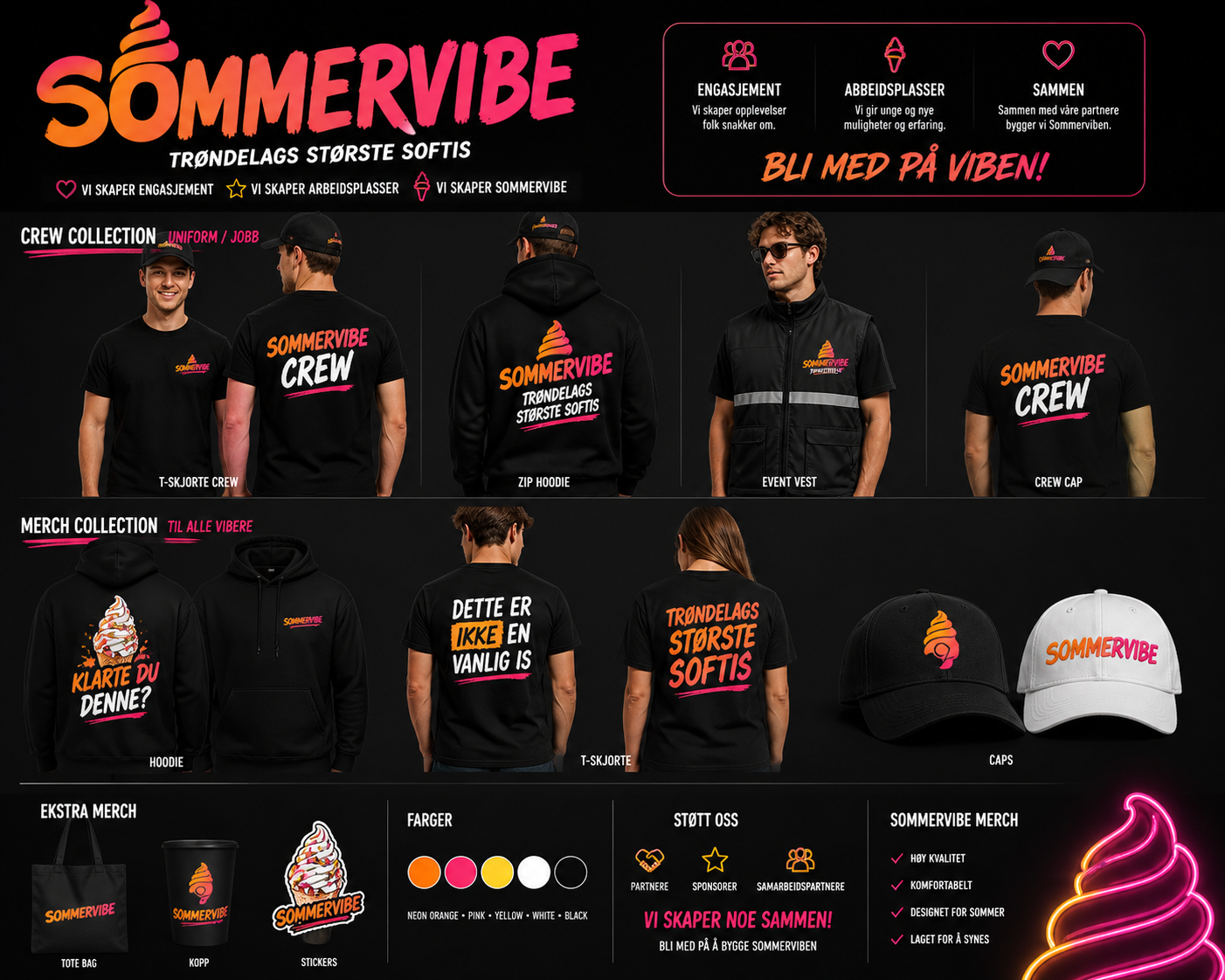 Sommervibe Crew Collection og Merch Collection — hoodies, t-skjorter, caps og tilbehør