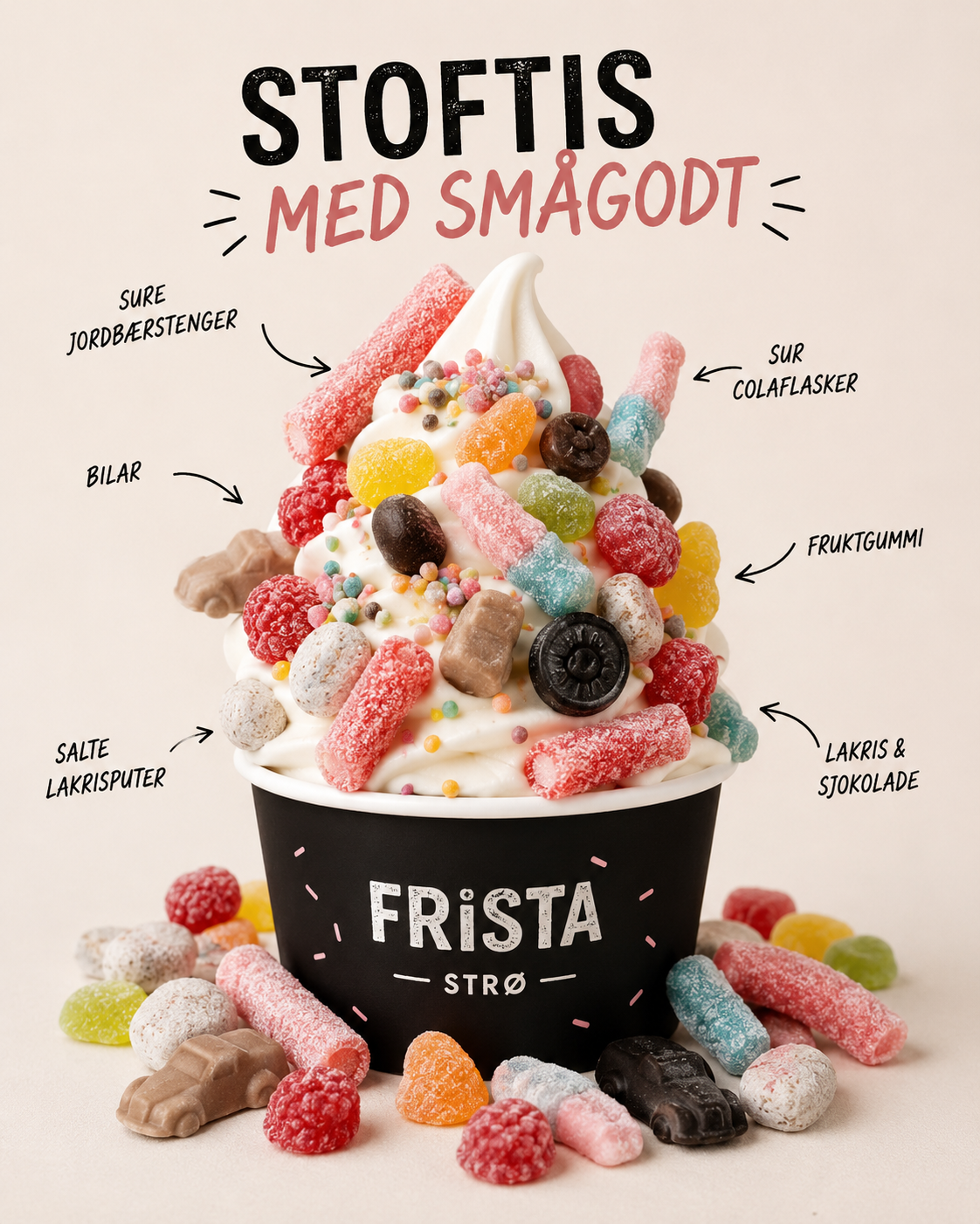 Stoftis med smågodt — softis toppet med klassisk norsk smågodt